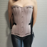 Satin overbust corset with tight lacing and busk